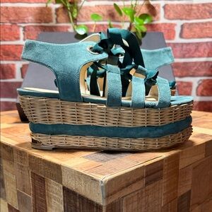👡 Paloma Barceló Platform Wicker Wedge Sandals — Teal — Sz 39 / 8.5US